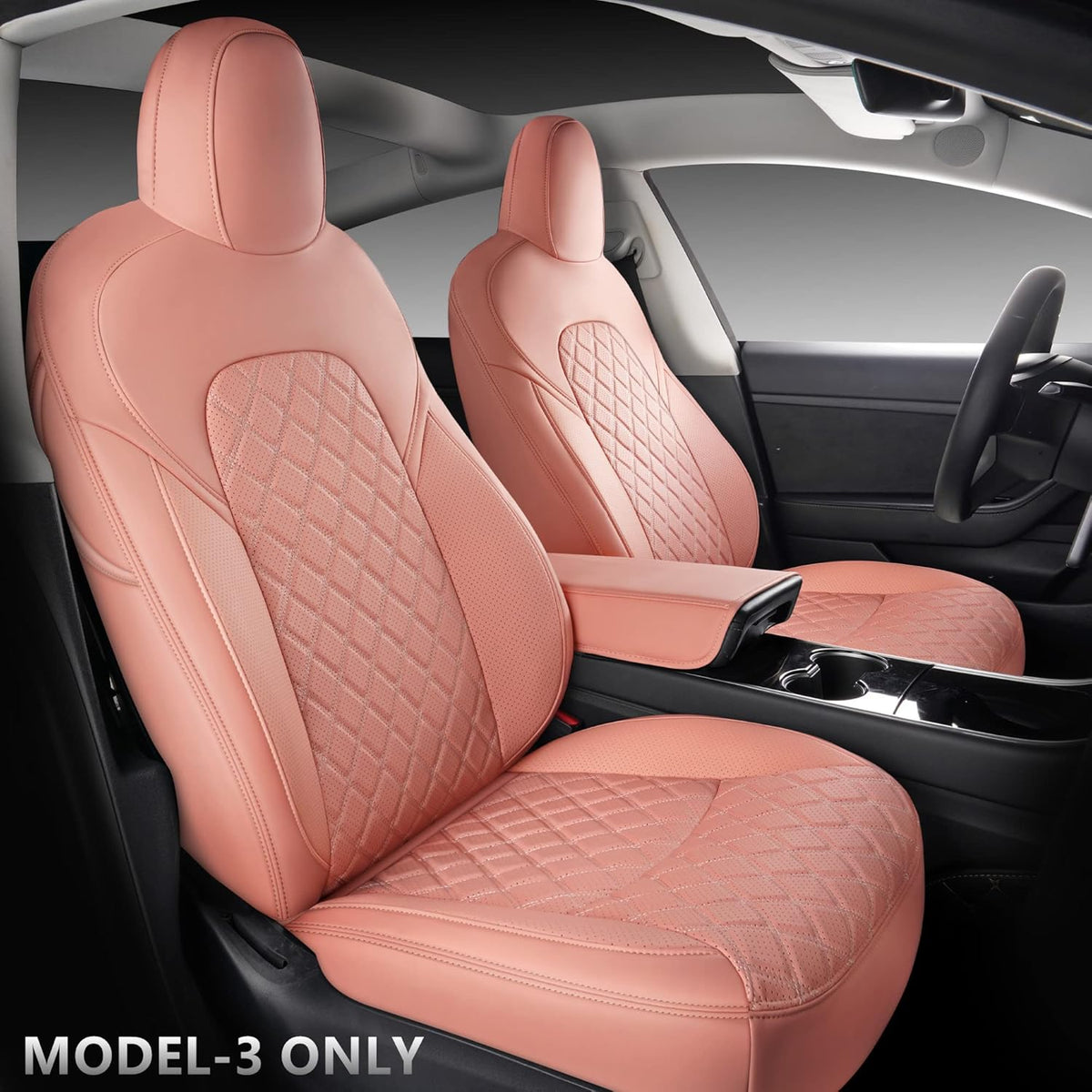 White Faux Leather Custom Car Seat Covers Full Set for Tesla Model Y Y9499