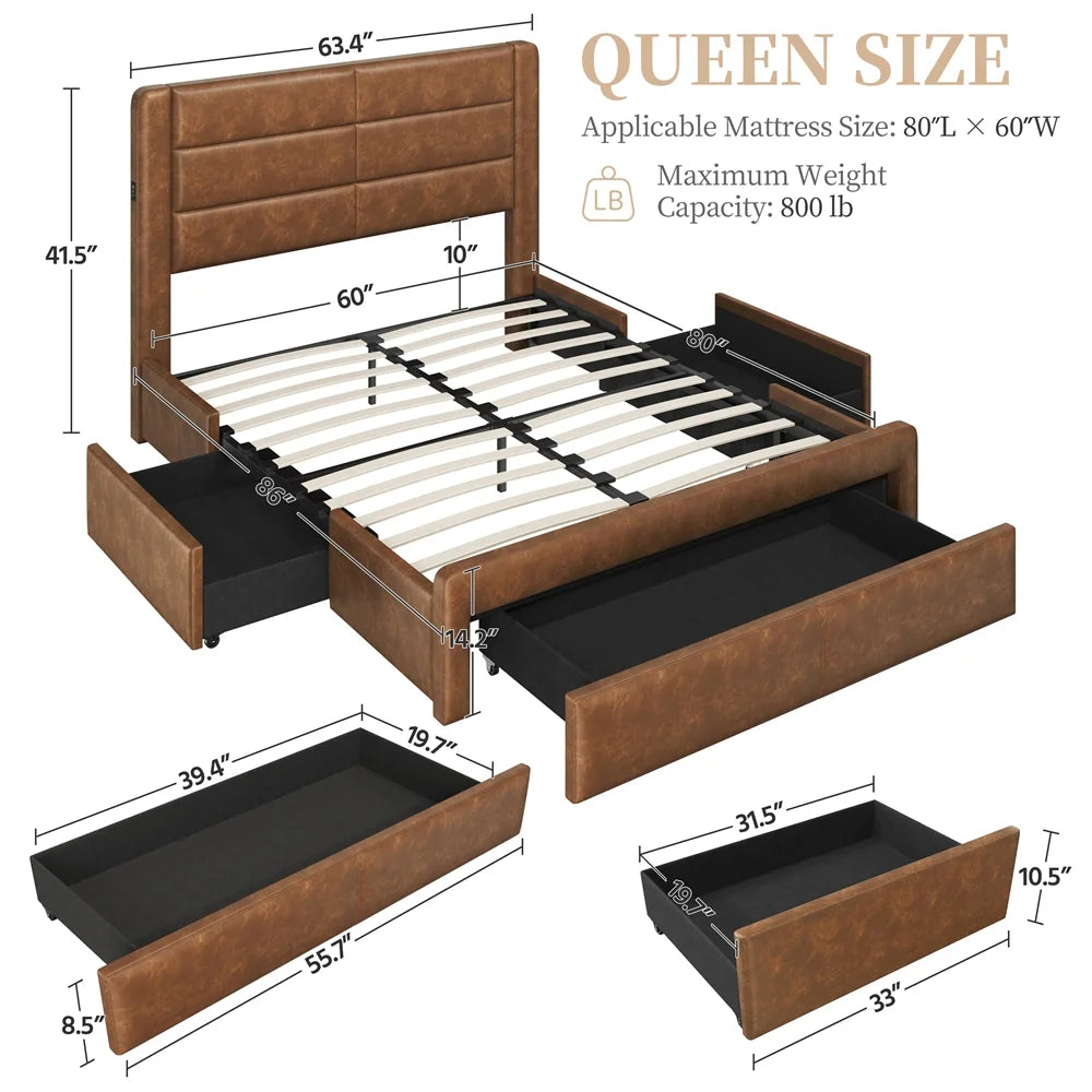 Queen Upholstered Leather Bed Frame with 3 Storage Drawers X81369