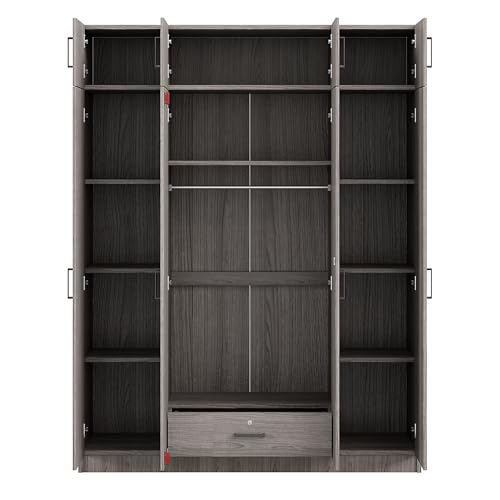 Wardrobe Armoire with 4 Doors, Mirror, Shelves, Drawers and Hanging Rod P814720