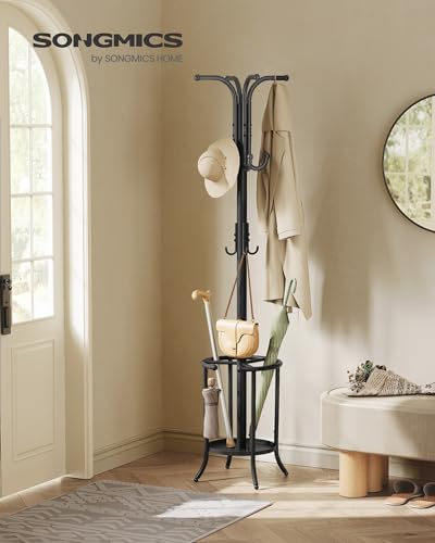 Ink Black Metal Coat Rack with 12 Hooks and Umbrella Holder T301132