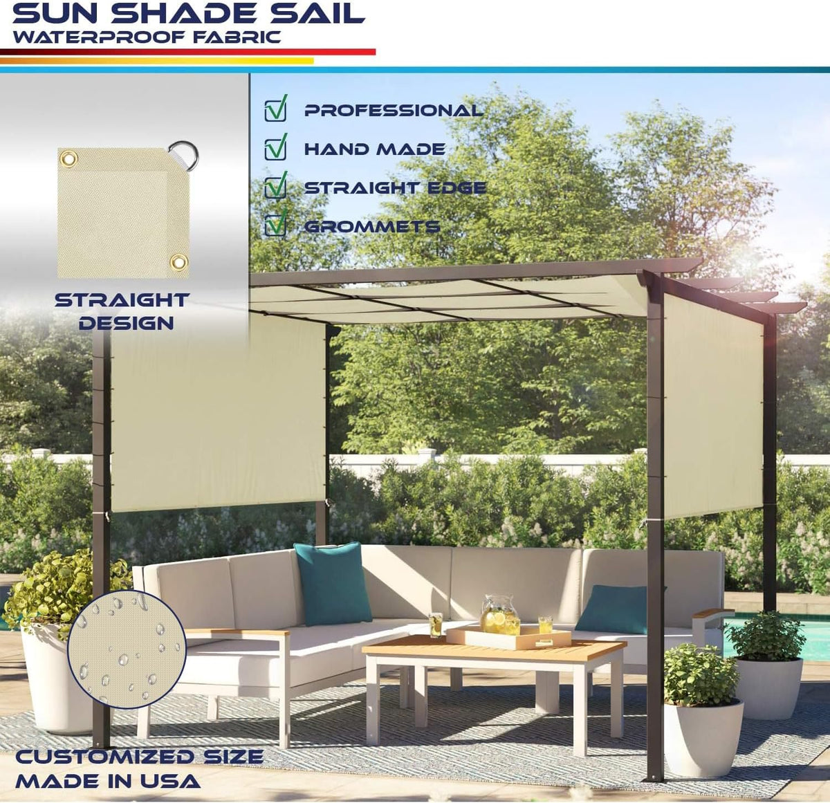 Beige Waterproof Sun Shade Sail Straight Edge Outdoor Canopy Cover G18829