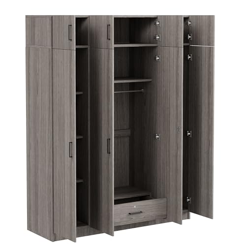 Wardrobe Armoire with 4 Doors, Mirror, Shelves, Drawers and Hanging Rod P814720