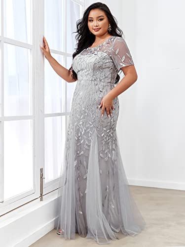 Plus Size Sequin Short Sleeves Embroidery Mermaid Maxi Evening Dress V764795