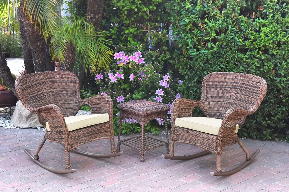 Windsor Honey Wicker Rocker End Table Set with Chair Cushion, Ivory T949
