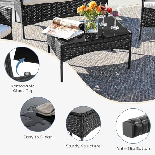 Black 4 Piece Outdoor Wicker Patio Furniture Set with Coffee Table and Sofa T77759