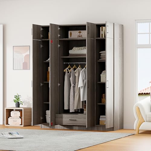 Wardrobe Armoire with 4 Doors, Mirror, Shelves, Drawers and Hanging Rod P814720