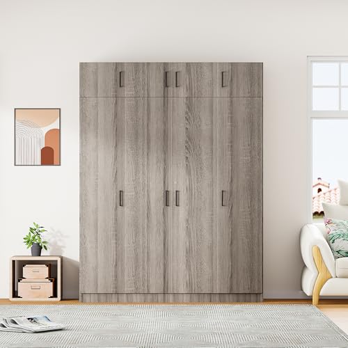 Wardrobe Armoire with 4 Doors, Mirror, Shelves, Drawers and Hanging Rod P814720