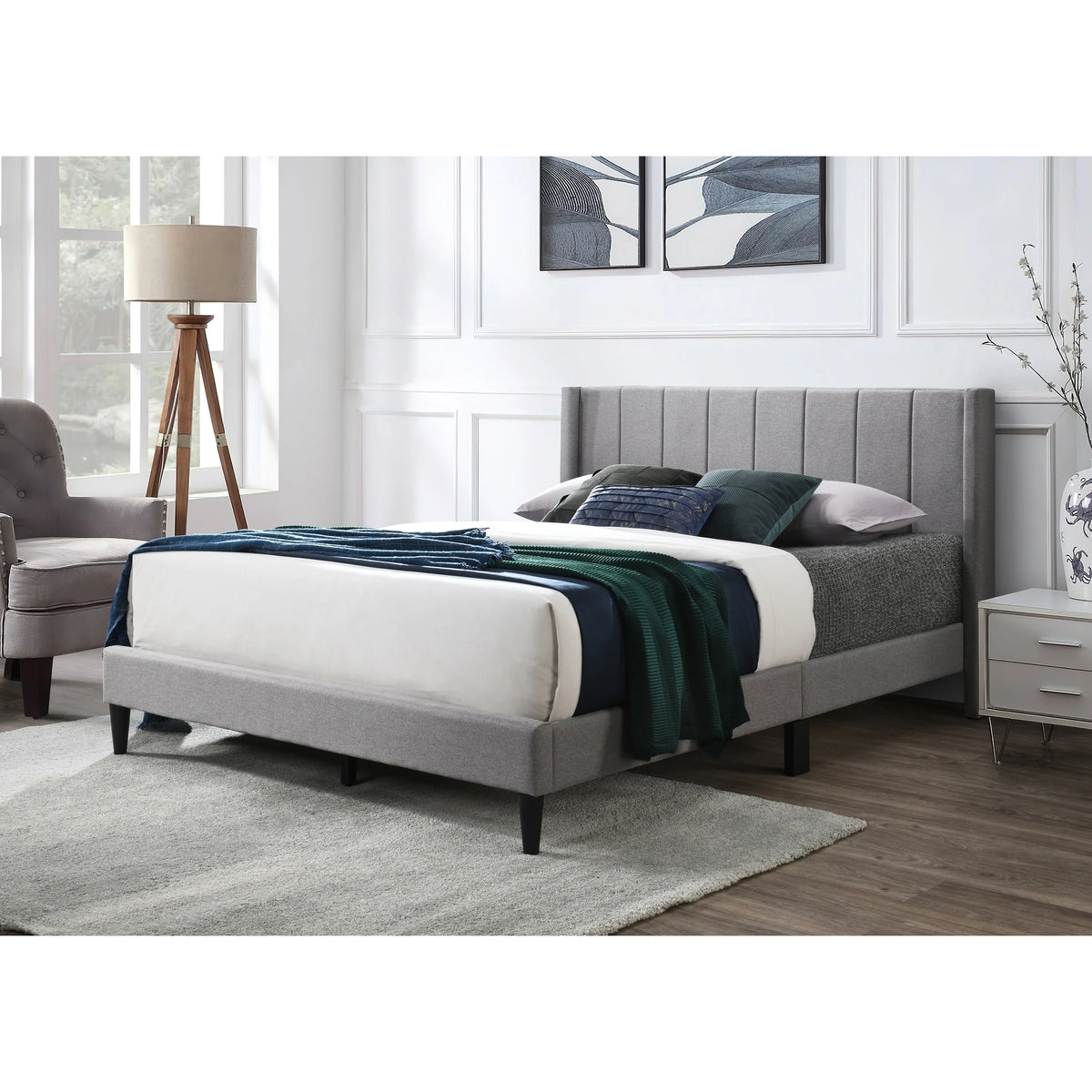 King Grey Linen Vertical Tufted Platform Bed X4279