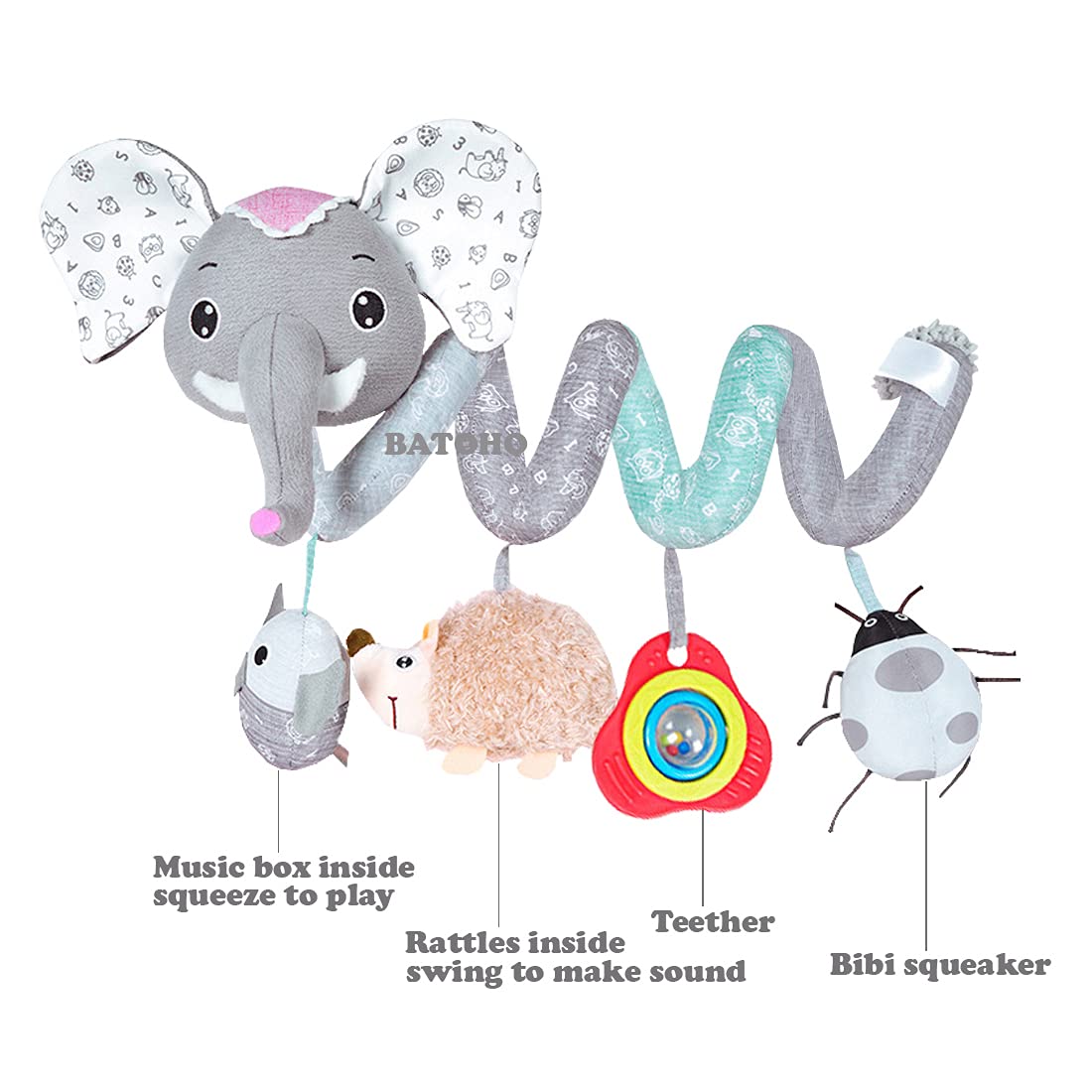 Gray Elephant Baby Car Seat Toys with Musical Owl Rattles Hedgehog Beep Ladybird Squeaker Q1230