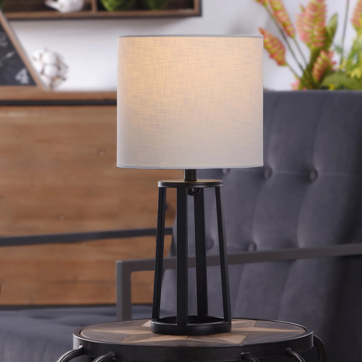 Matte Black Table Lamp with Drum Shade R692