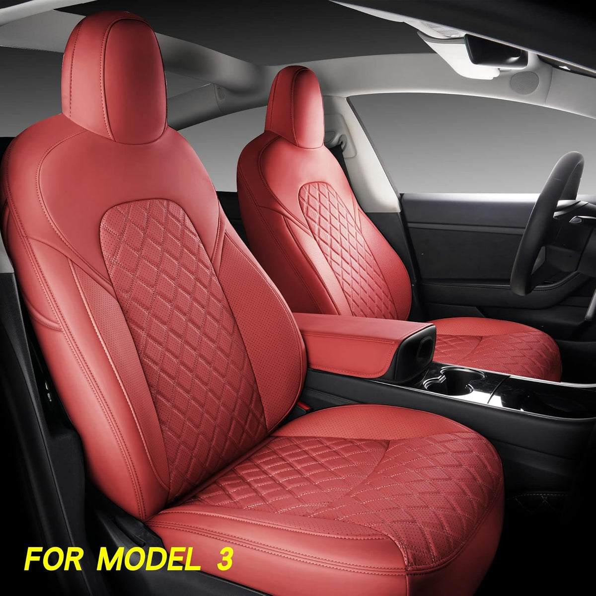 White Faux Leather Custom Car Seat Covers Full Set for Tesla Model Y Y9499