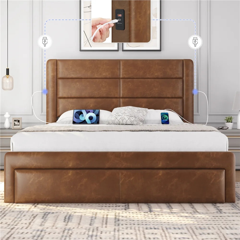 Queen Upholstered Leather Bed Frame with 3 Storage Drawers X81369