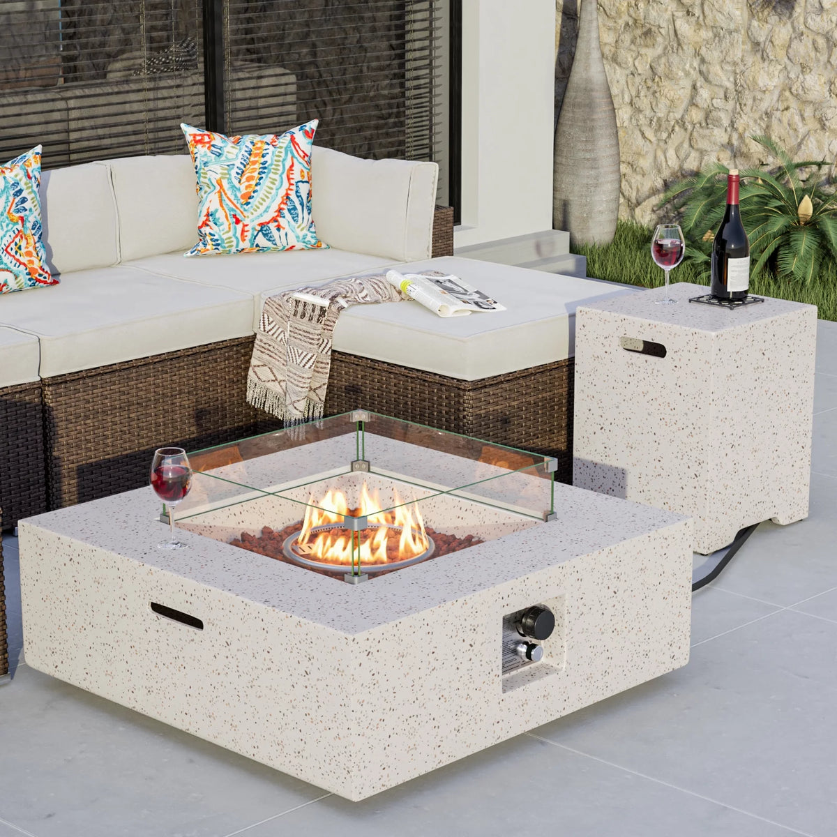35-inch Square Terrazzo White Propane Fire Pit with Wind Guard and Side Table T254383