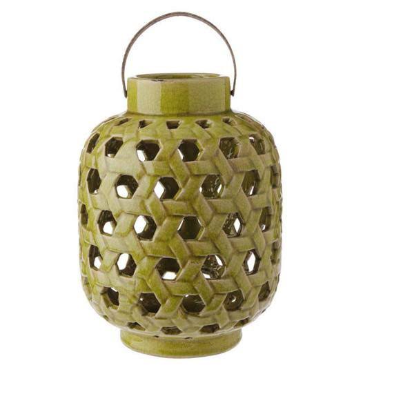 12.5x22 Green Glazed Terracotta Crackled Decorative Pillar Candle Lantern X4819