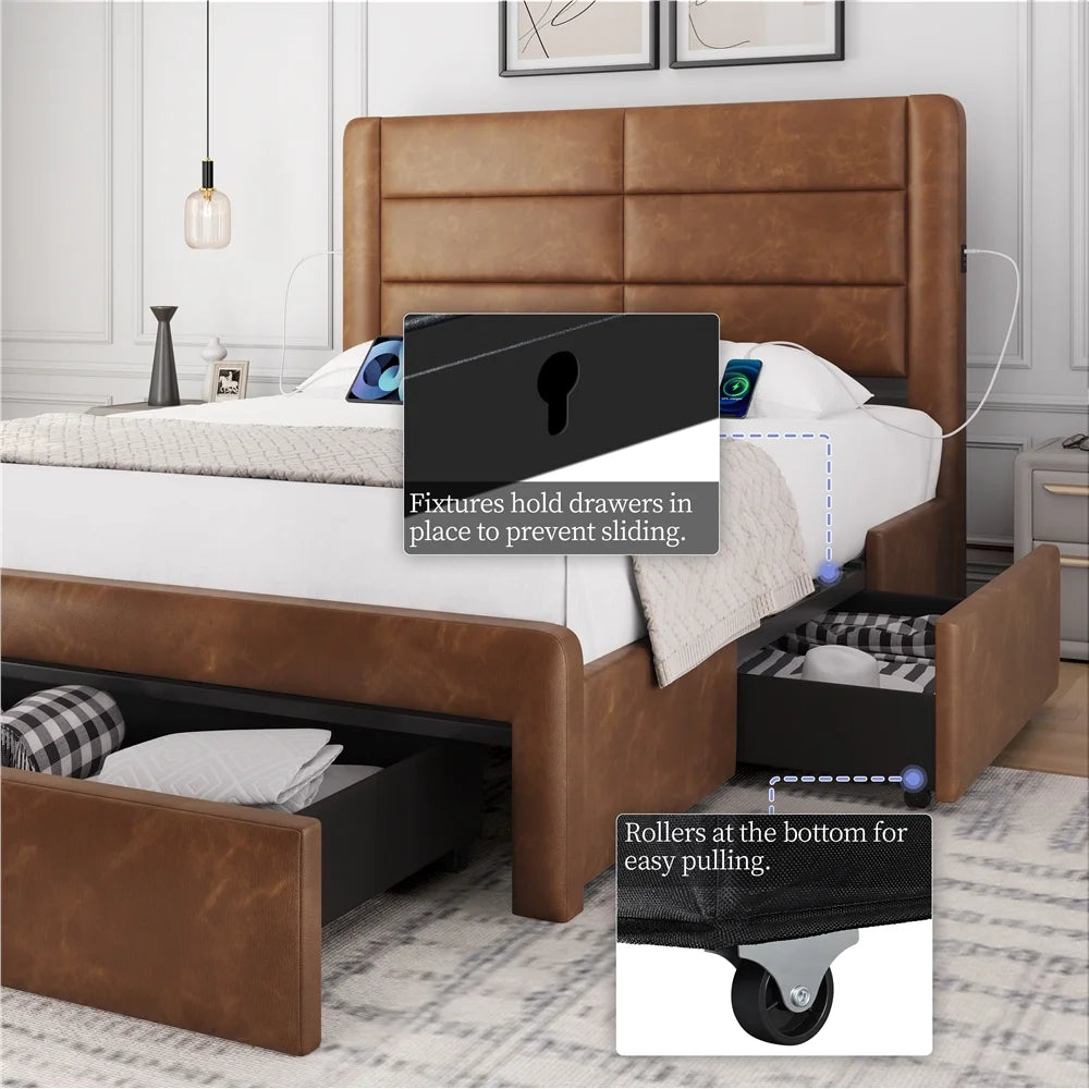 Queen Upholstered Leather Bed Frame with 3 Storage Drawers X81369