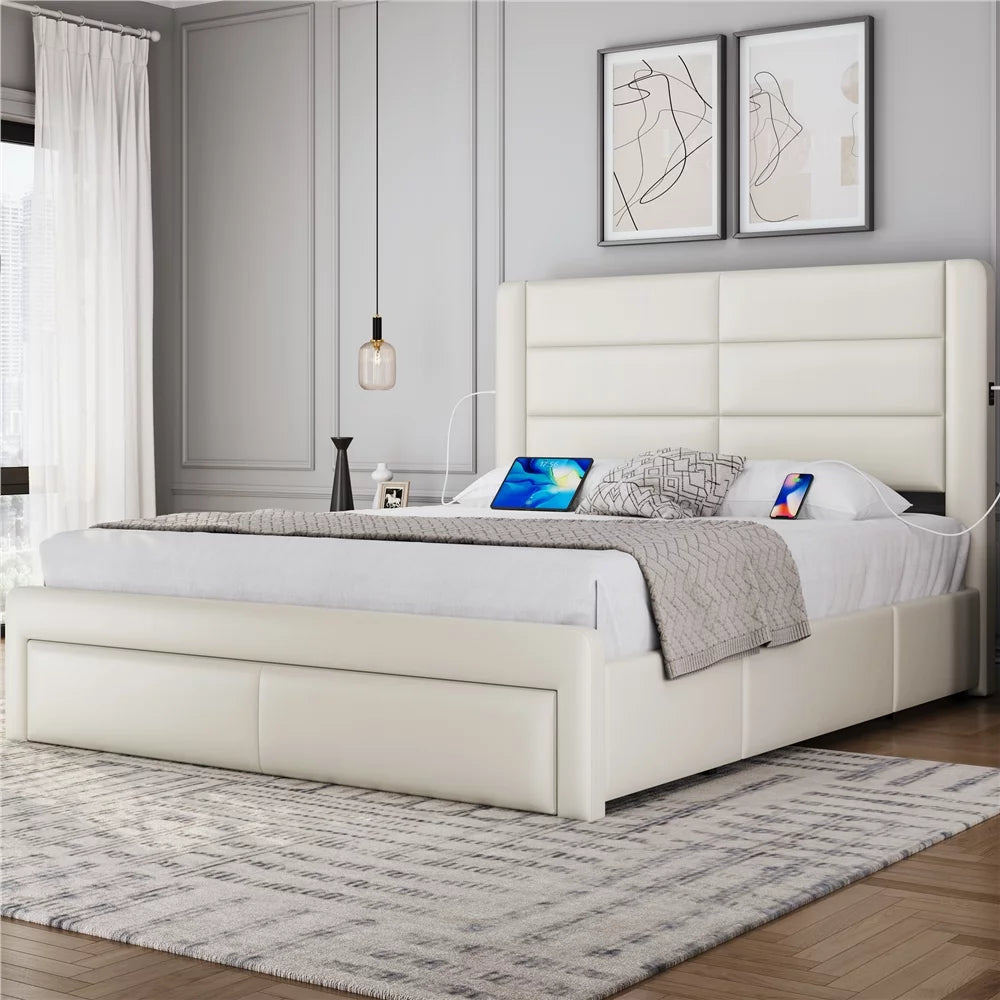 Queen Upholstered Leather Bed Frame with 3 Storage Drawers X81369