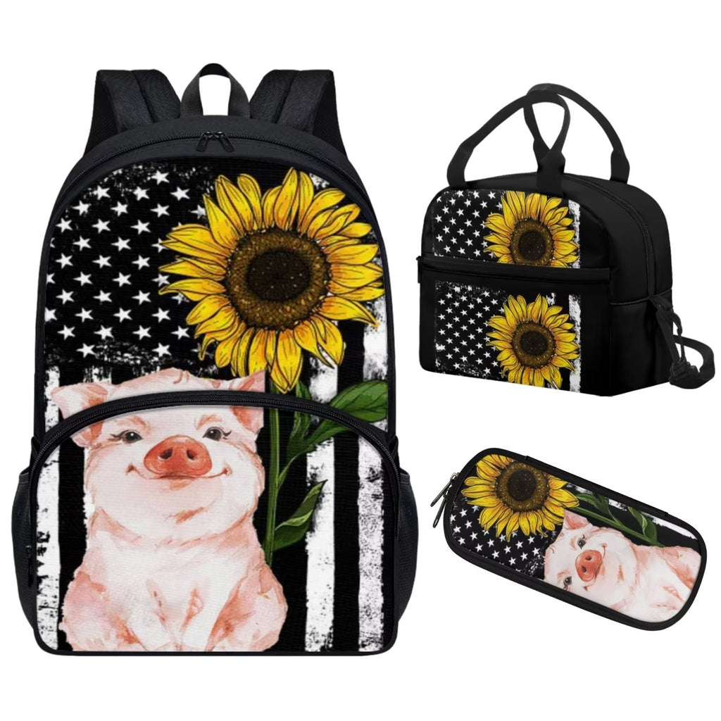 American Flag Pig Backpack Lunch Box Set of 3, Galaxy Space School Backpacks for Girls 10-12, Kids Bookbag Lunchbag Pencil Case V685