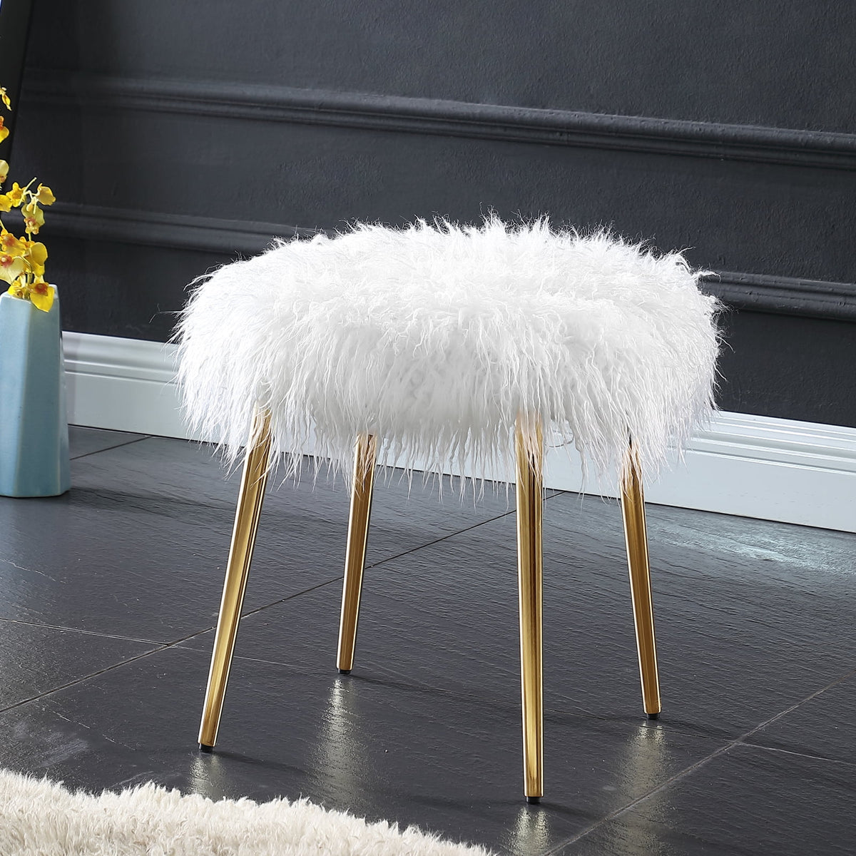 White Faux Fur Accent Ottoman H47240