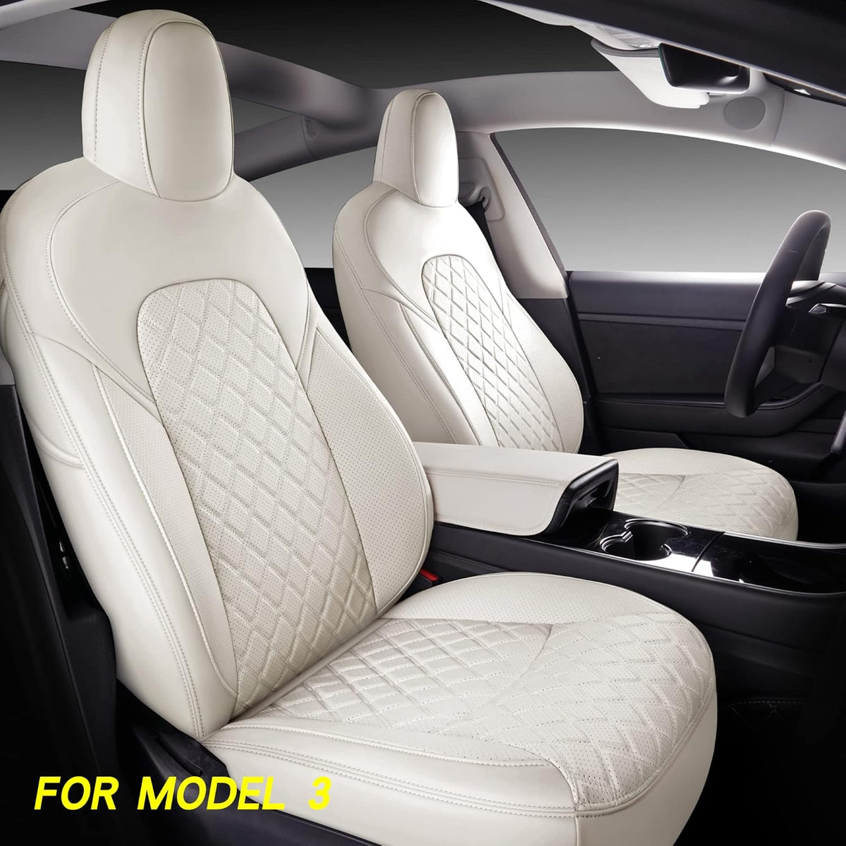 White Faux Leather Custom Car Seat Covers Full Set for Tesla Model Y Y9499