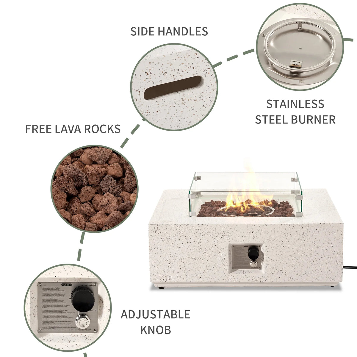 35-inch Square Terrazzo White Propane Fire Pit with Wind Guard and Side Table T254383