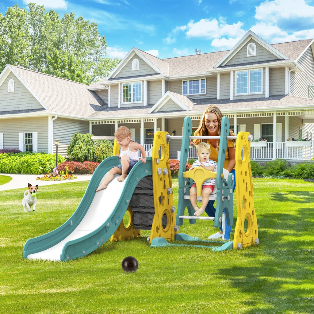 6 in 1 Toddler Slide and Swing Set with Basketball Hoop G62021