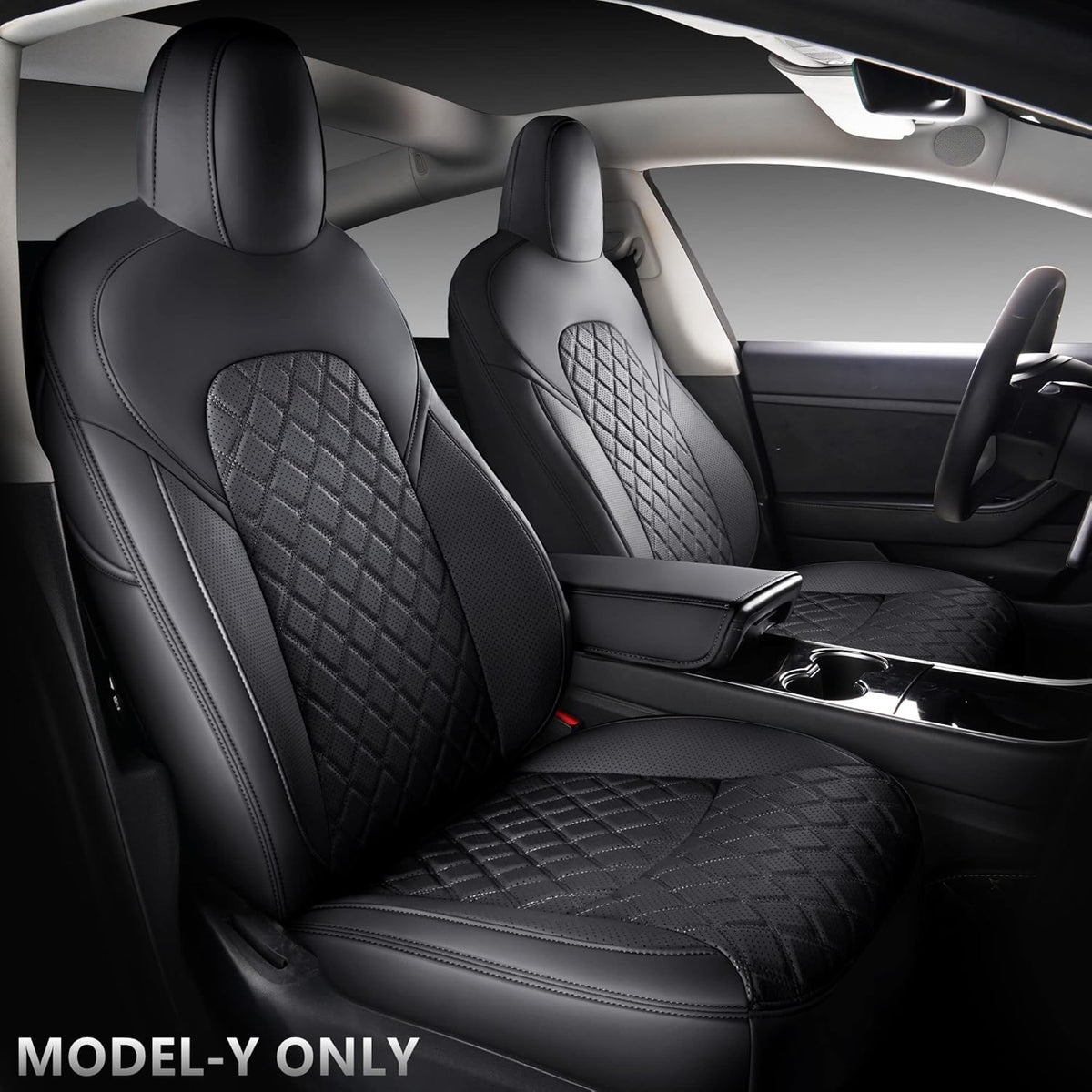White Faux Leather Custom Car Seat Covers Full Set for Tesla Model Y Y9499