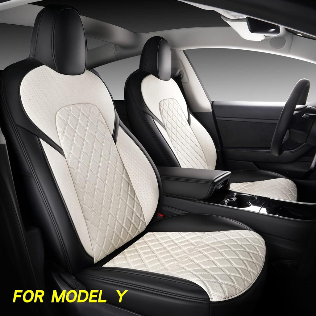 White Faux Leather Custom Car Seat Covers Full Set for Tesla Model Y Y9499