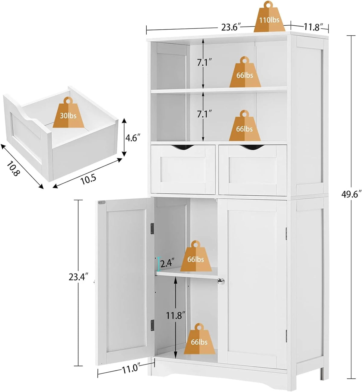 White Tall Bathroom Storage Cabinet with 2 Drawers S46645
